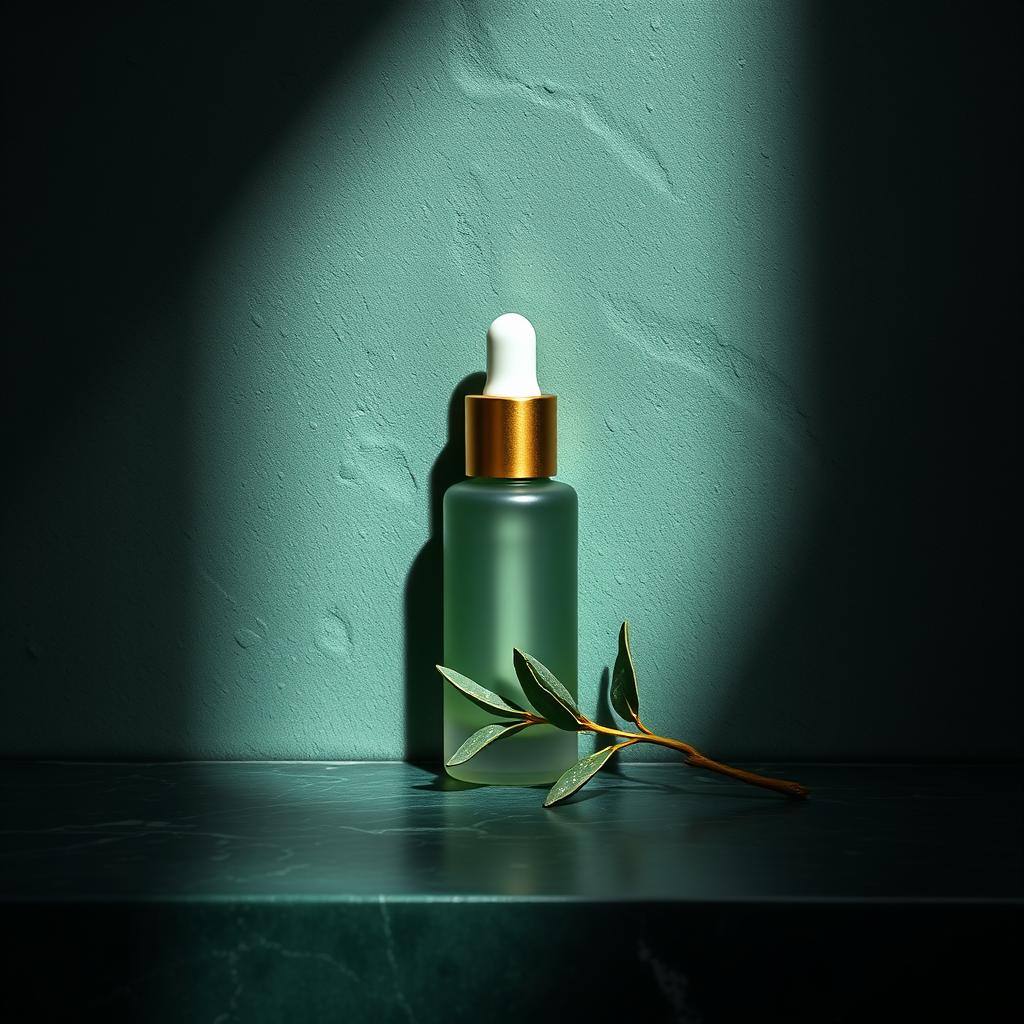 Sticlă serum Careve cu capac auriu pe o suprafață de marmură verde, iluminată dramatic, cu o crenguță de eucalipt